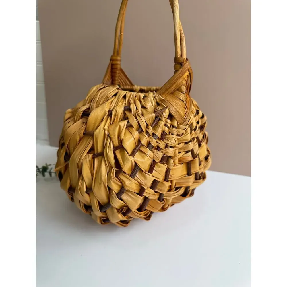 Vintage Handwoven Banana Leaf Basket with Handle | Cottagecore Farmhouse Rustic